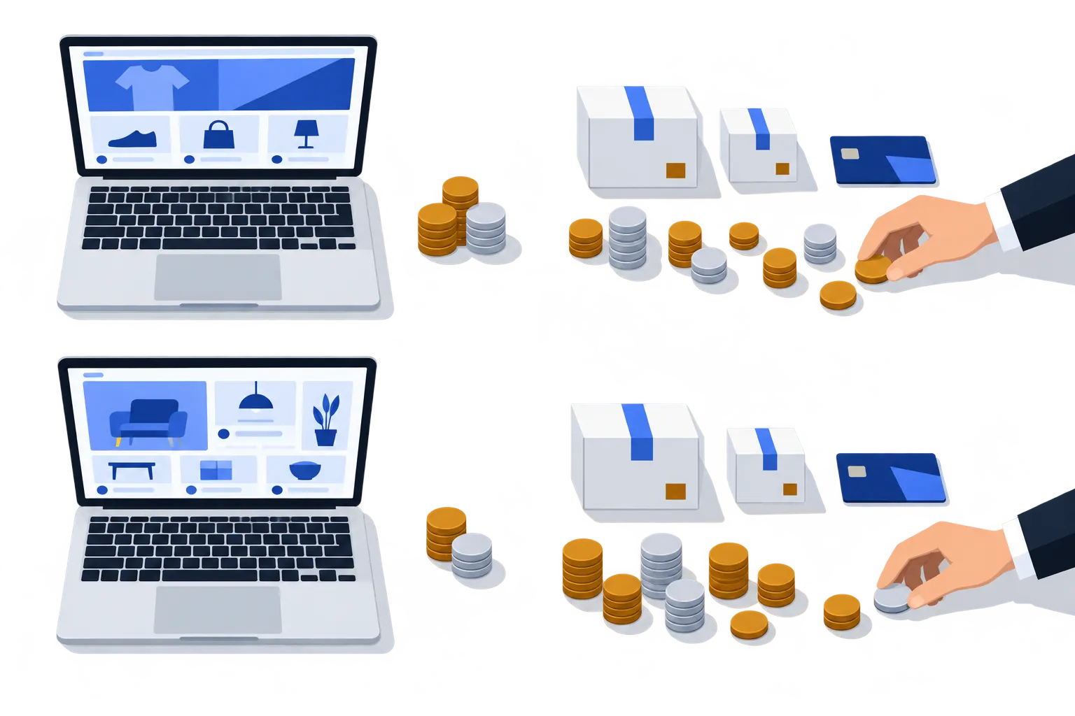 Comparaison du coût total de deux boutiques en ligne, entre abonnement et frais liés aux ventes.