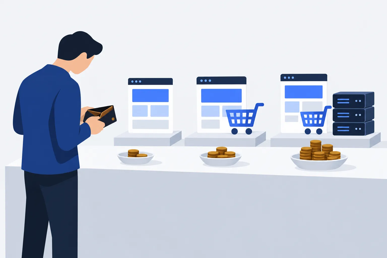 Un entrepreneur compare trois offres pour son site, leurs fonctions et le budget à prévoir au départ.