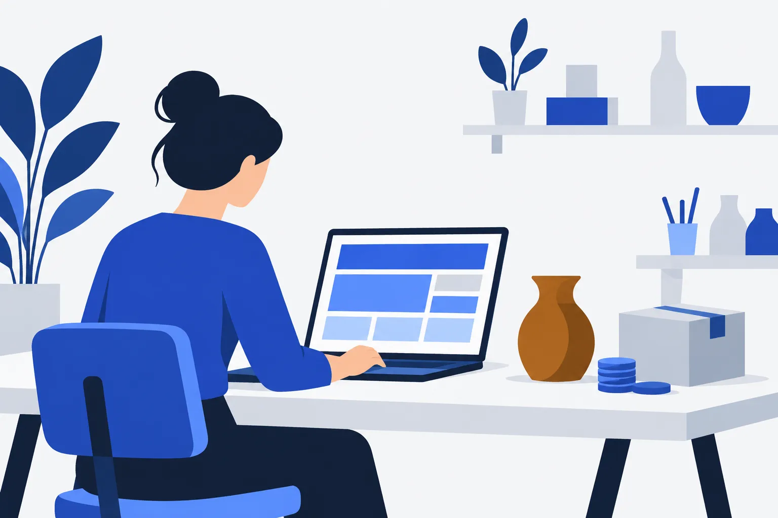 Un entrepreneur crée son site dans son atelier, avec un produit, un colis et quelques pièces à côté de son ordinateur.