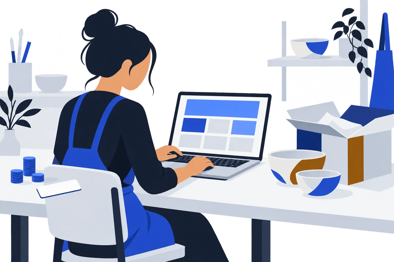 Un artisan prépare son site et sa boutique en ligne, avec ses produits et les coûts à prévoir.