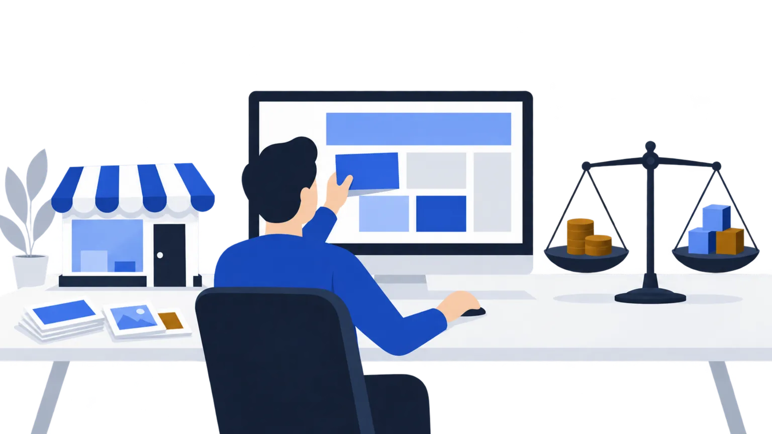 Un entrepreneur construit son site et met en balance les fonctionnalités et le budget.