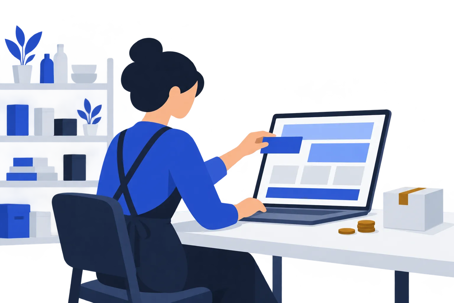 Un petit entrepreneur compose son site, avec des pièces et un colis évoquant le budget et la vente en ligne.