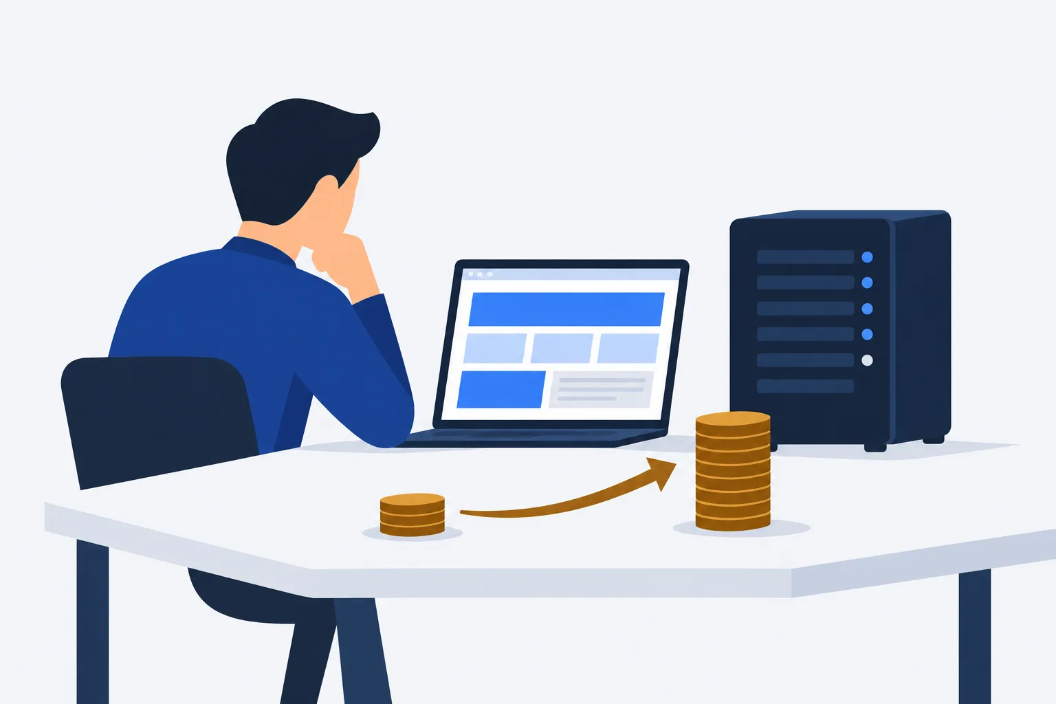 Un entrepreneur examine un hébergement web et compare le coût de départ au coût plus élevé du renouvellement.